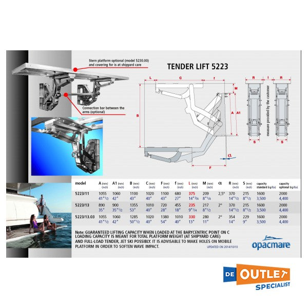 Opacmare 5223 hydraulic tender lift with 1600 KG lifting capacity