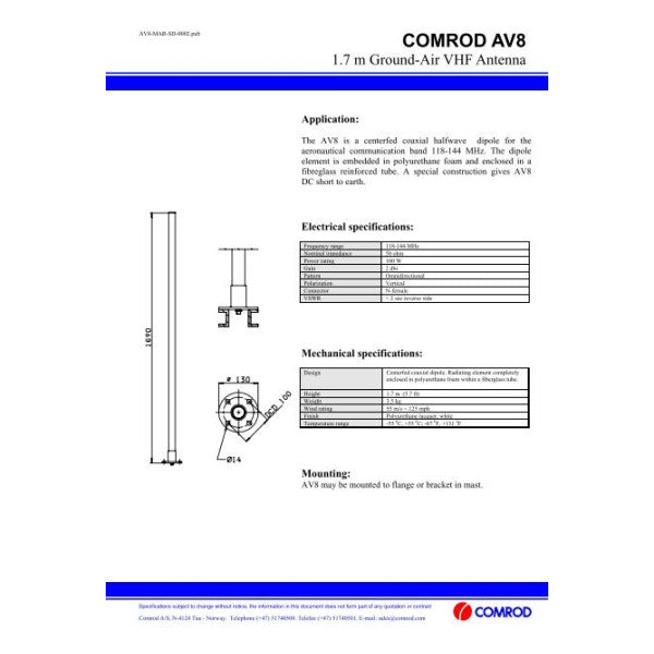 Antena Comrod VHF AV8 1.7 M 2 DBI 118-144 MHz