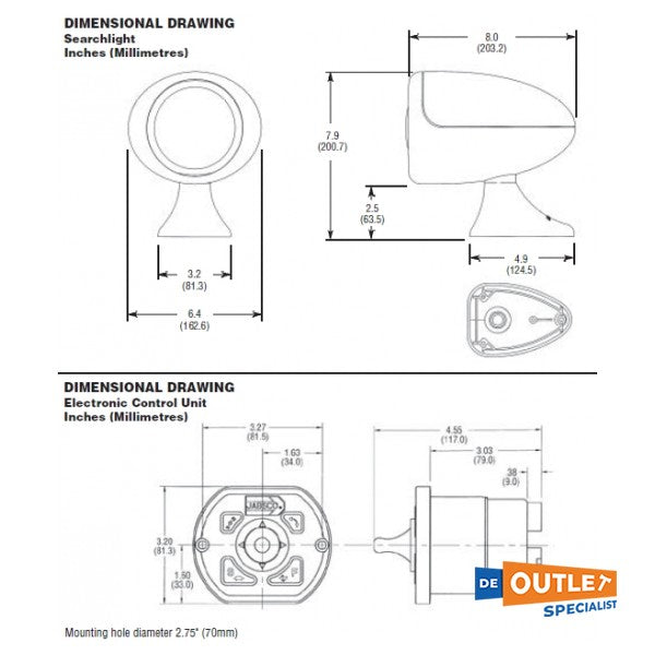 Jabsco SL155 elektrisch verstelbaar zoeklicht wit 12/24V met controller