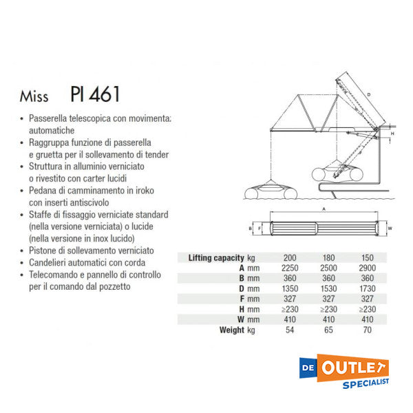 Besenzoni PI461 Gangway idrawliku tal-istainless steel 225 cm 200 kg 12v