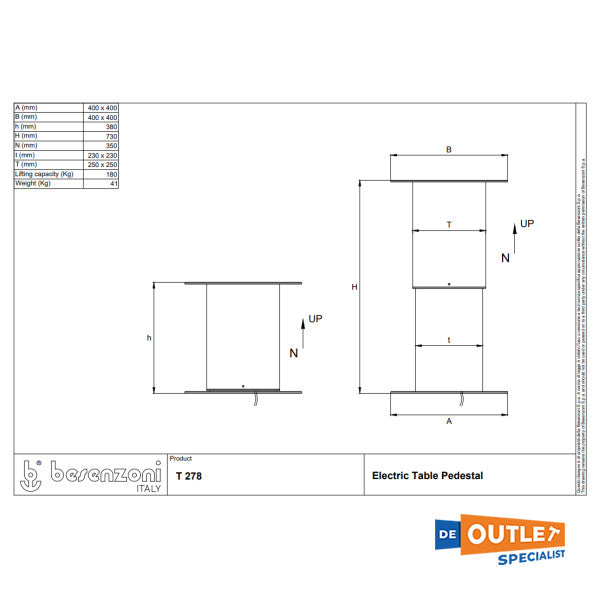 Besenzoni T277 Edelstahl Elektro-Tischsockel quadratisch 380 - 730 mm