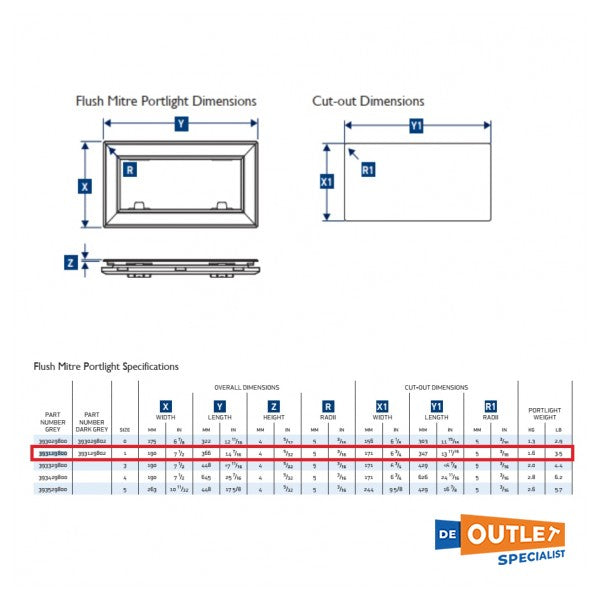 Lewmar Mirte 1 Flush Patrijpoort Black - 190 x 366 mm