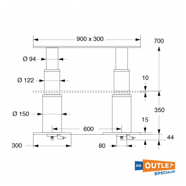 Barka 2-stage elektrisch verstelbare RVS tafelpoot 350 - 700 mm 24V